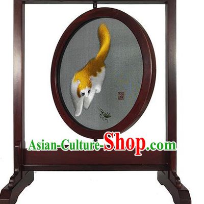 Chinese Handmade Table Decoration Traditional Embroidered Craft Suzhou Embroidery Yellow Cat Rotating Screen
