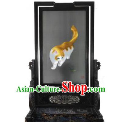 Chinese Handmade Rosewood Table Decoration Suzhou Embroidery Cat Rotating Screen Traditional Embroidered Screen Craft