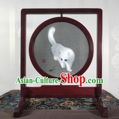 Chinese Handmade Double Side Suzhou Embroidery Cat Rotating Screen Traditional Embroidered Screen Craft Rosewood Table Decoration