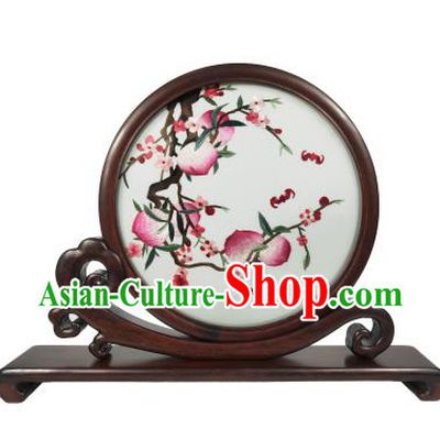 Chinese Traditional Rosewood Decoration Craft Suzhou Embroidery Peach Painting Table Screen Double Side Embroidered Screen