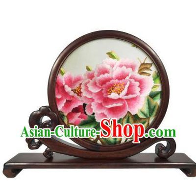 Chinese Suzhou Embroidery Screen Double Side Embroidered Screen Traditional Rosewood Carving Table Decoration