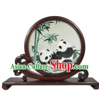 Chinese Double Side Embroidered Screen Traditional Rosewood Carving Table Decoration Suzhou Embroidery Panda Screen