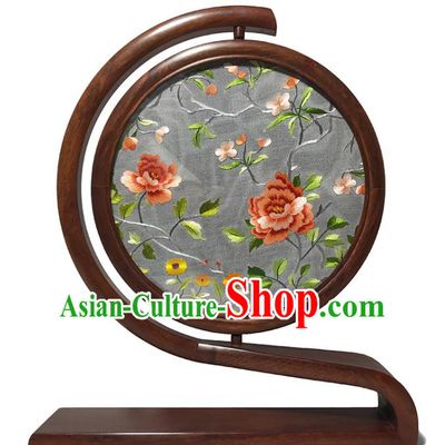 China Traditional Handmade Craft Rosewood Table Screen Embroidered Peony Double Side Screen