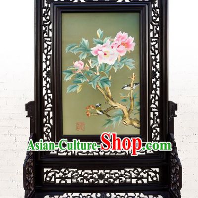 China Embroidered Peony Screen Traditional Home Furnishings Handmade Craft Wood Carving Table Screen