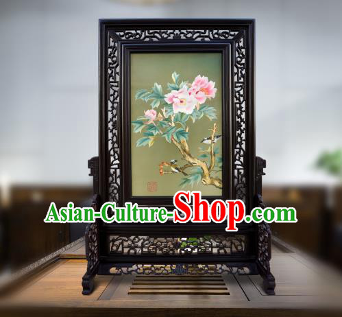 China Embroidered Peony Screen Traditional Home Furnishings Handmade Craft Wood Carving Table Screen China Embroidered Peony Screen Traditional Home Furnishings Handmade Craft Wood Carving Table Screen