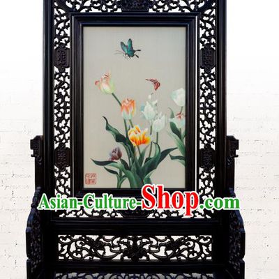 China Traditional Home Furnishings Handmade Wood Carving Double Side Table Screen Embroidered Tulip Painting Screen