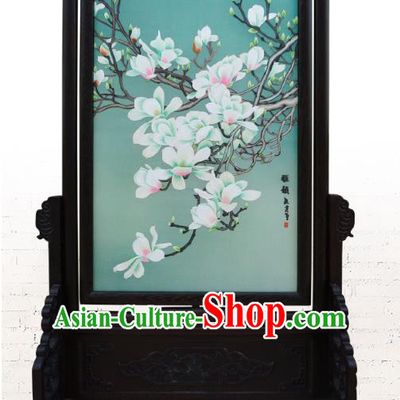 China Handmade Wood Carving Double Side Table Screen Traditional Home Furnishings Embroidered Mangnolia Screen