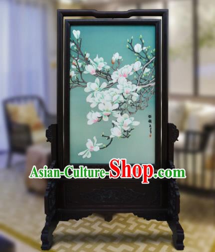 China Handmade Wood Carving Double Side Table Screen Traditional Home Furnishings Embroidered Mangnolia Screen China Handmade Wood Carving Double Side Table Screen Traditional Home Furnishings Embroidered Mangnolia Screen