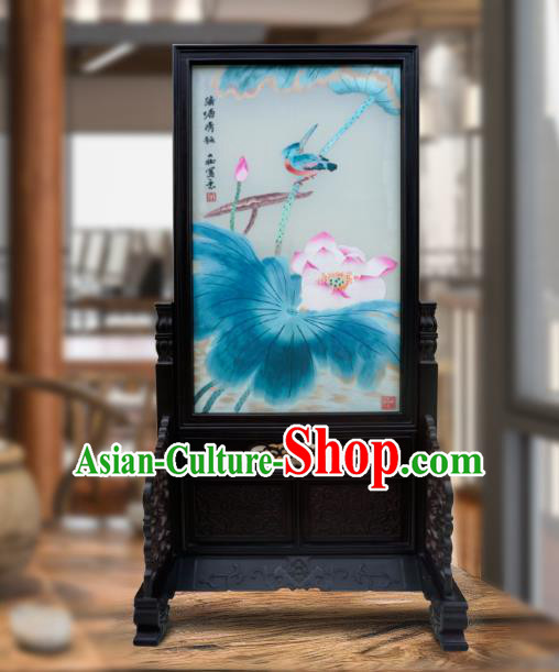 China Handmade Home Furnishings Wood Carving Double Side Screen Traditional Embroidered Lotus Table Screen China Handmade Home Furnishings Wood Carving Double Side Screen Traditional Embroidered Lotus Table Screen