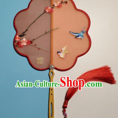 Traditional Embroidered Plum Blossom Palace Fan Handmade Double Side Hanfu Fan China Suzhou Embroidery Classical Dance Red Silk Fan
