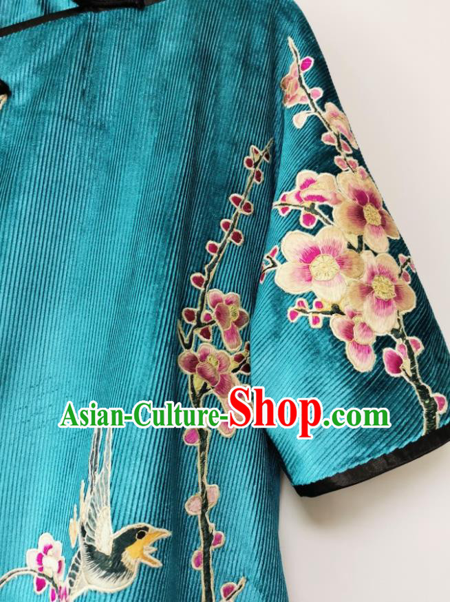 Traditional Chinese Blue Corduroy Qipao Dress Embroidered Cheongsam Traditional Chinese Blue Corduroy Qipao Dress Embroidered Cheongsam
