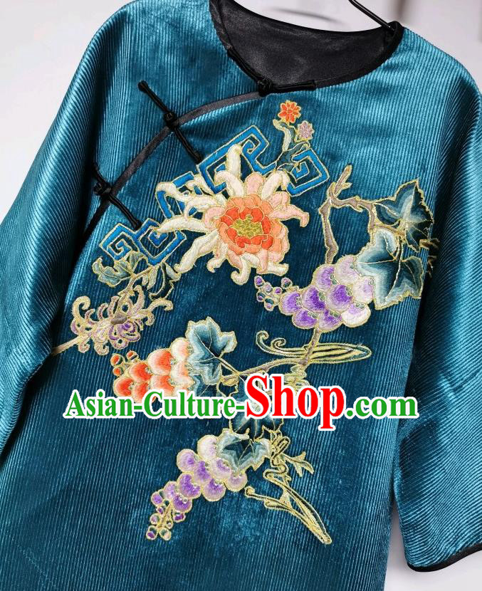 Chinese Embroidered Cheongsam Traditional Blue Corduroy Qipao Dress Chinese Embroidered Cheongsam Traditional Blue Corduroy Qipao Dress