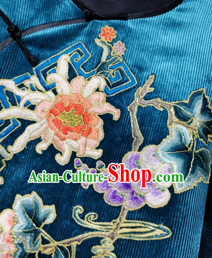 Chinese Embroidered Cheongsam Traditional Blue Corduroy Qipao Dress Chinese Embroidered Cheongsam Traditional Blue Corduroy Qipao Dress