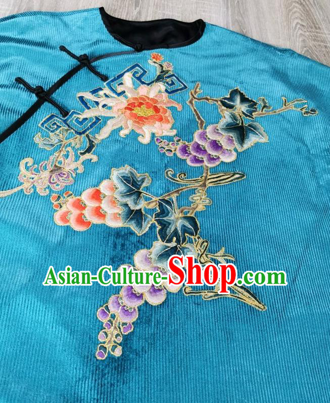 Chinese Embroidered Cheongsam Traditional Blue Corduroy Qipao Dress Chinese Embroidered Cheongsam Traditional Blue Corduroy Qipao Dress