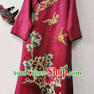 Chinese Embroidered Cheongsam Traditional Wine Red Corduroy Qipao Dress National Clothing