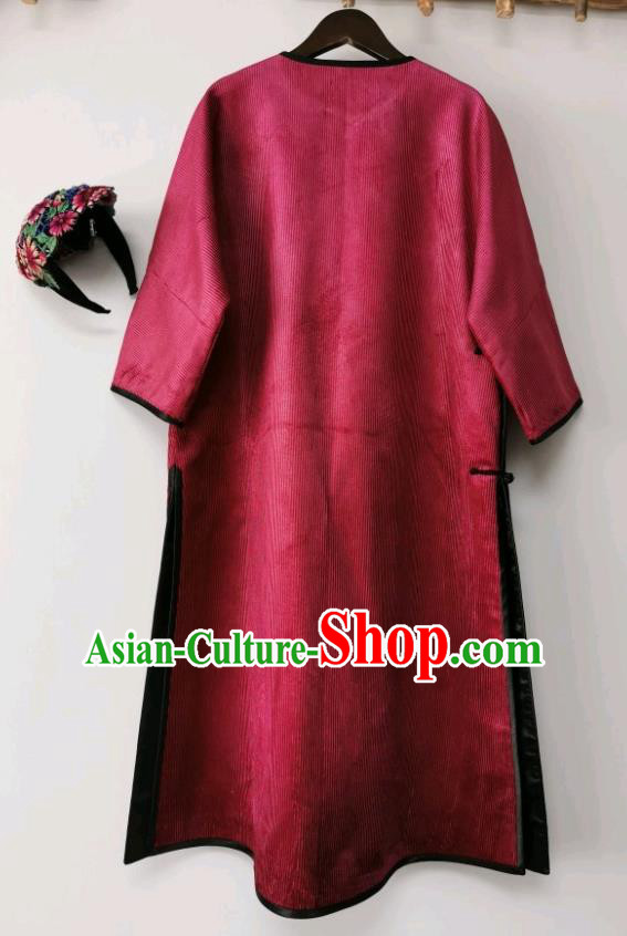 Chinese Embroidered Cheongsam Traditional Wine Red Corduroy Qipao Dress National Clothing Chinese Embroidered Cheongsam Traditional Wine Red Corduroy Qipao Dress National Clothing