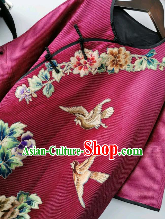 Chinese Embroidered Cheongsam Traditional Wine Red Corduroy Qipao Dress National Clothing Chinese Embroidered Cheongsam Traditional Wine Red Corduroy Qipao Dress National Clothing