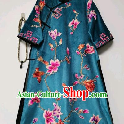 Chinese Embroidered Cheongsam Traditional Embroidery Mangnolia Blue Corduroy Qipao Dress National Clothing