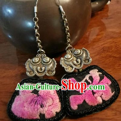 Handmade China Ethnic Black Embroidered Earrings Traditional Silver Fishes Jewelry Ear Accessories for Women