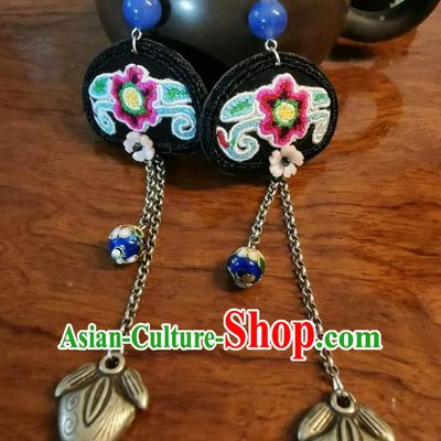 Handmade China Ethnic Earrings Traditional Embroidered Ear Accessories Silver Tassel Jewelry for Women
