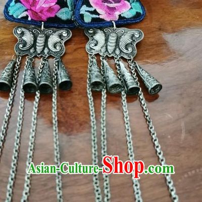 Handmade China Silver Carving Butterfly Tassel Eardrop Traditional Accessories Ethnic Embroidered Rose Earrings for Women