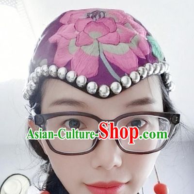 Traditional China Ethnic Embroidered Hat Handmade Hair Accessories Purple Silver Hair Clasp for Women