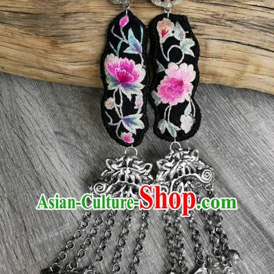 China Handmade Tassel Eardrop Embroidered Peony Earrings Traditional Miao Ethnic Accessories for Women