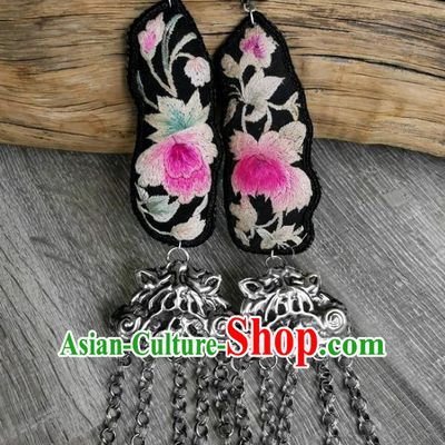 China Embroidered Peony Earrings Traditional Miao Ethnic Accessories Handmade Silver Bells Tassel Eardrop for Women