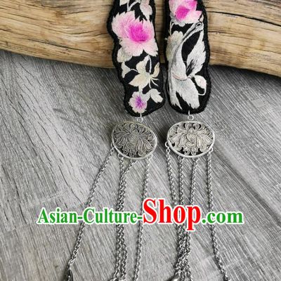 China Handmade Silver Carving Lotus Tassel Eardrop Traditional Miao Ethnic Accessories Embroidered Lotus Earrings for Women
