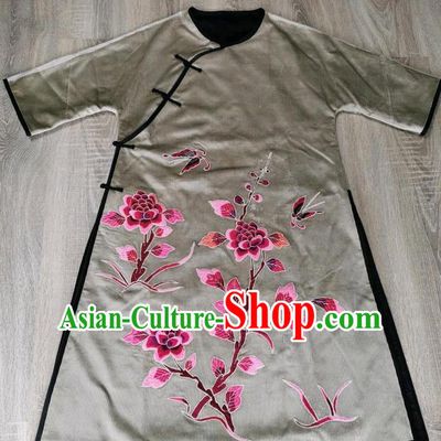 Chinese Embroidered Peony Cheongsam Traditional Embroidery Grey Corduroy Qipao Dress National Clothing
