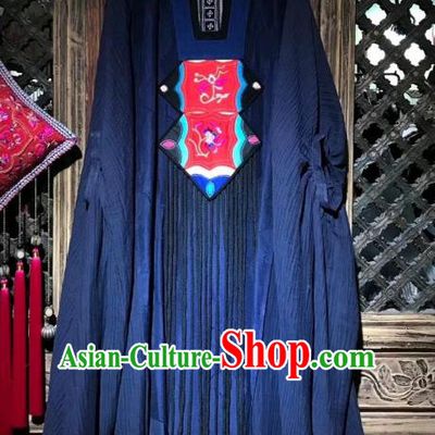 Chinese Traditional Minority Women Embroidery Navy Robe Costume Embroidered Dress National Clothing