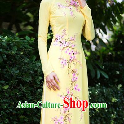 Asian Vietnam Classical Plum Blossom Pattern Ao Dai Qipao Traditional Vietnamese Cheongsam Costumes Light Yellow Dress and Loose Pants for Women
