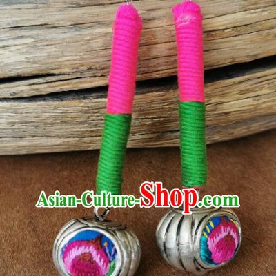 China Handmade Silver Eardrop Traditional Miao Ethnic Sennit Earrings Embroidered Accessories for Women
