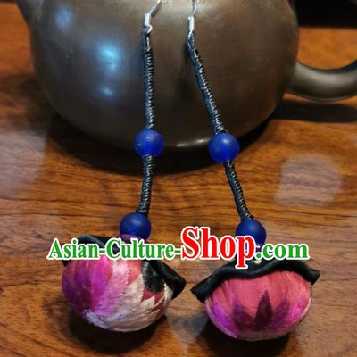 Traditional China Miao Ethnic Rosy Silk Ear Accessories Handmade Embroidered Earrings for Women