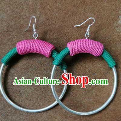 Traditional China Miao Ethnic Pink Sennit Ear Accessories Handmade Silver Ring Earrings for Women