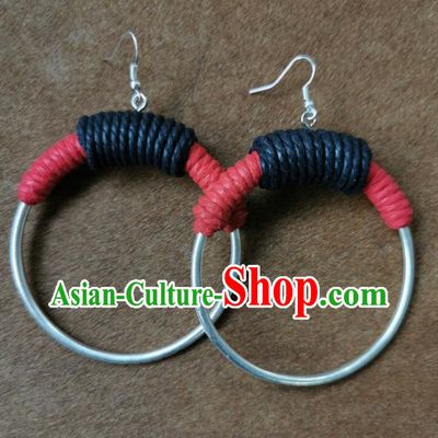 Traditional China Handmade Silver Ring Earrings Miao Ethnic Black Sennit Ear Accessories for Women
