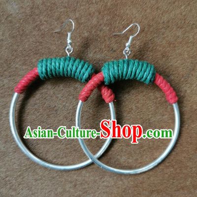 Traditional China Handmade Earrings Miao Ethnic Green Sennit Silver Ring Ear Accessories for Women