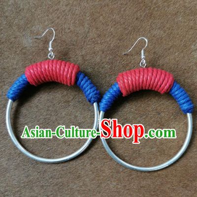Traditional China Silver Ring Ear Accessories Handmade Miao Ethnic Sennit Earrings for Women