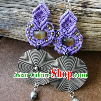 Handmade China Miao Ethnic Silver Ear Accessories Traditional Purple Sennit Earrings for Women