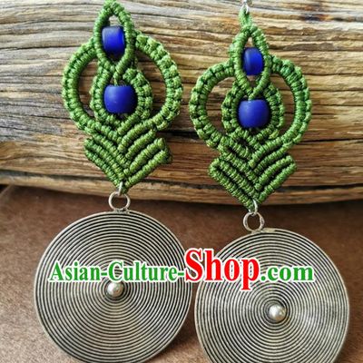 Handmade China Traditional Green Sennit Earrings Miao Ethnic Silver Ear Accessories for Women