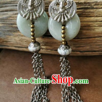 Handmade China National Jade Earrings Traditional Miao Ethnic Ear Accessories Silver Tassel Eardrop for Women