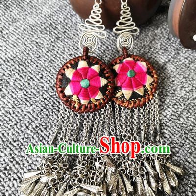Handmade China Silver Tassel Earrings Miao Ethnic Embroidered Jewelry Traditional National Rattan Ear Accessories