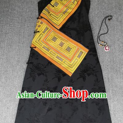 Chinese Embroidered Black Silk Qipao Dress Traditional Women Clothing National Sleeveless Cheongsam