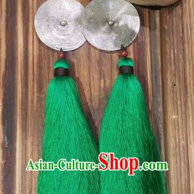 Handmade China Green Long Tassel Earrings Miao Ethnic Jewelry Traditional National Silver Ear Accessories