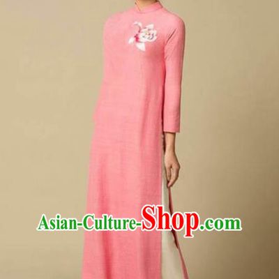 Asian Vietnam Classical Magnolia Pattern Ao Dai Qipao Traditional Vietnamese Costumes Pink Flax Cheongsam Dress and Loose Pants for Women