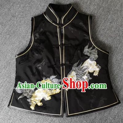 China Women Waistcoat National Embroidered Lion Black Silk Vest Traditional Tang Suit Upper Outer Garment