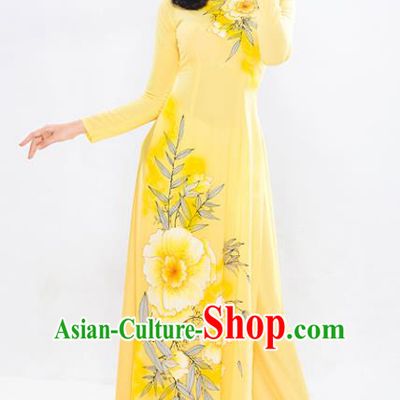 Asian Vietnam Classical Bamboo Pattern Ao Dai Qipao Traditional Vietnamese Costumes Yellow Cheongsam Dress and Loose Pants for Women