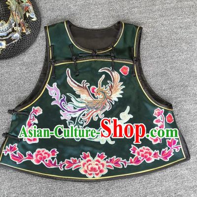 China Tang Suit Embroidered Phoenix Dark Green Silk Vest Traditional Women Waistcoat Upper Outer Garment