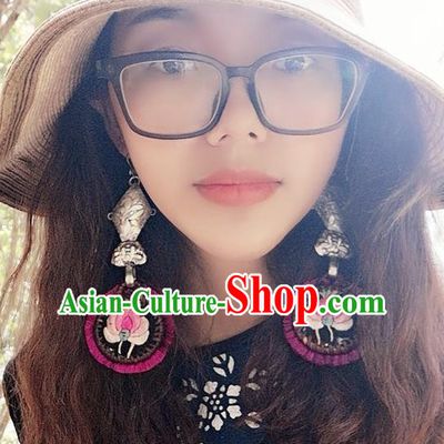 China Handmade Miao Ethnic Embroidered Earrings Traditional National Silver Fish Ear Accessories