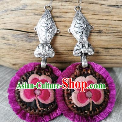 Handmade China Miao Ethnic Rattan Earrings Traditional National Embroidered Sliver Purple Ear Accessories